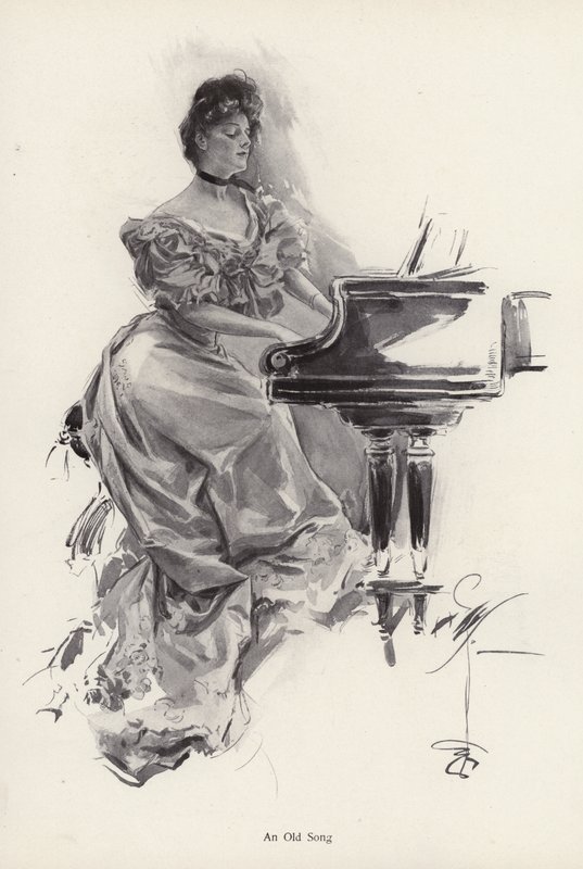 Frau spielt ein Lied auf einem Klavier (Lithografie) von Harrison Fisher