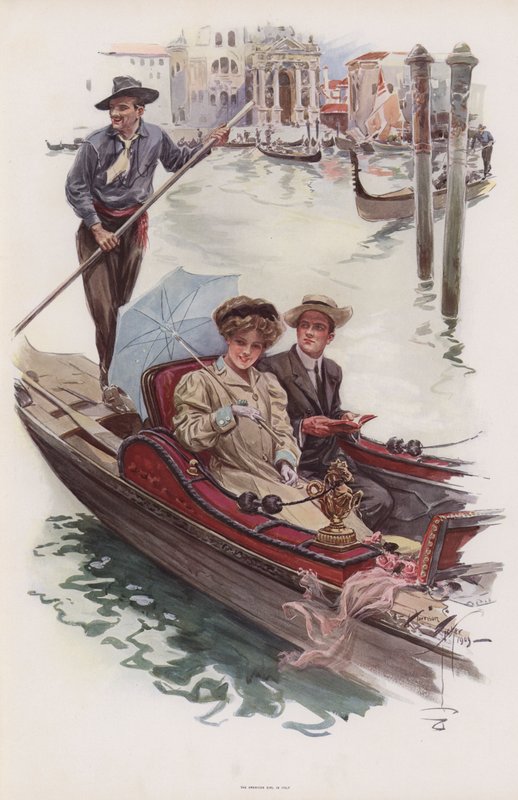 Junge Amerikanerin bei einer Gondelfahrt in Venedig (Farblithografie) von Harrison Fisher