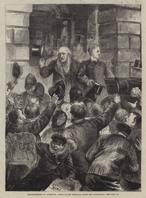 Wahlkampf in Liverpool, Szene im Rathaus nach der Nominierung von Harry Furniss