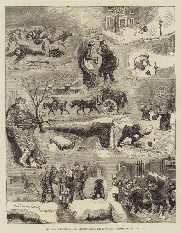 Skizzen in London und den Vororten während des Schneesturms, Dienstag, 18. Januar von Harry Furniss