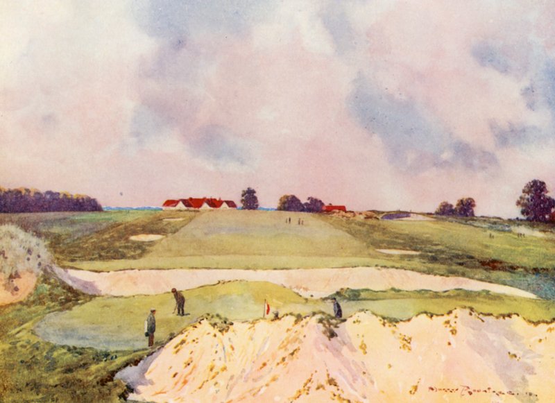 Golfplätze: Sandy Lodge, das erste Grün, Blick zum Clubhaus von Harry (1878 1950) Rountree