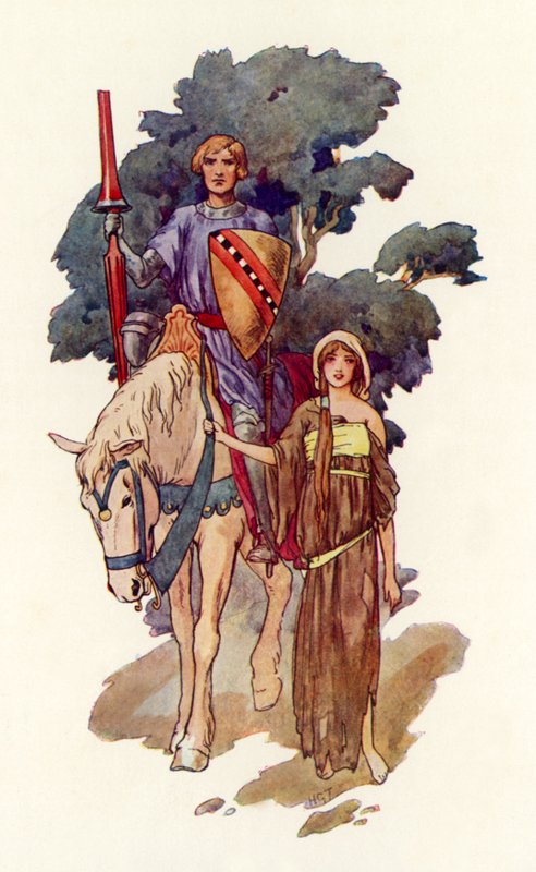 Ein Ritter mit einer Jungfrau in Lumpen an seiner Seite von Harry George Theaker