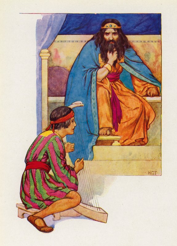 König Saul würde David sagen, er solle auf der Harfe spielen von Harry George Theaker