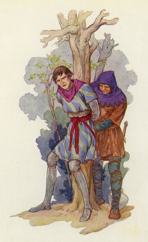 "Nehmt diesen Eisenhelm ab", rief Robin, "und bindet ihn an einen Baum" von Harry George Theaker