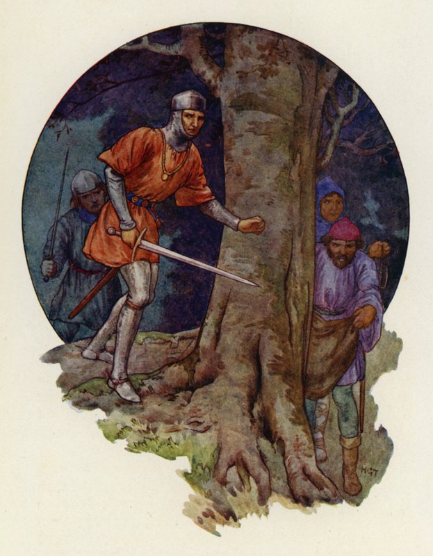"Die Gesetzlosen endlich!" rief der Sheriff und rannte mit gezogenem Schwert dorthin, wo die Figuren verschwunden waren von Harry George Theaker