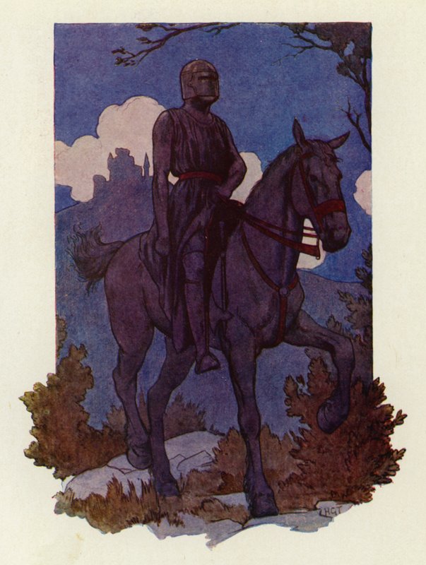 Der seltsame Ritter kam auf sie zu, ritt auf einem großen schwarzen Pferd und war ganz in Schwarz bewaffnet von Harry George Theaker