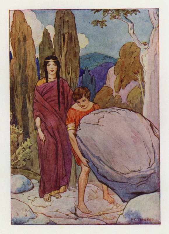Theseus hebt den großen Felsen, unter dem das Schwert und die Sandalen lagen von Harry George Theaker