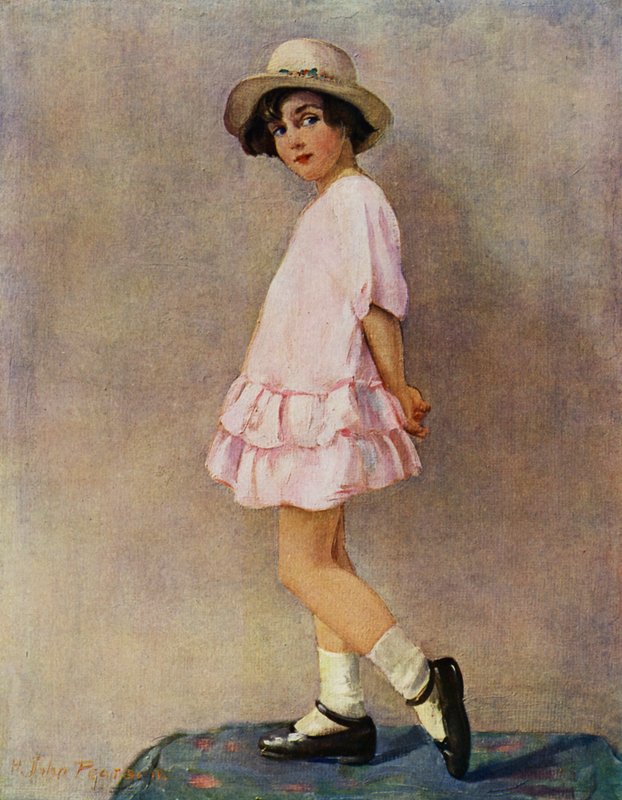 "Bin ich gut genug?" - junges Mädchen macht sich bereit, auszugehen (Farblithografie) von Harry J. Pearson