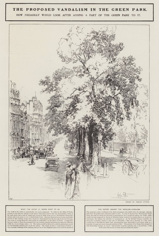 Der vorgeschlagene Vandalismus im Green Park, London (Lithografie) von Hedley Fitton
