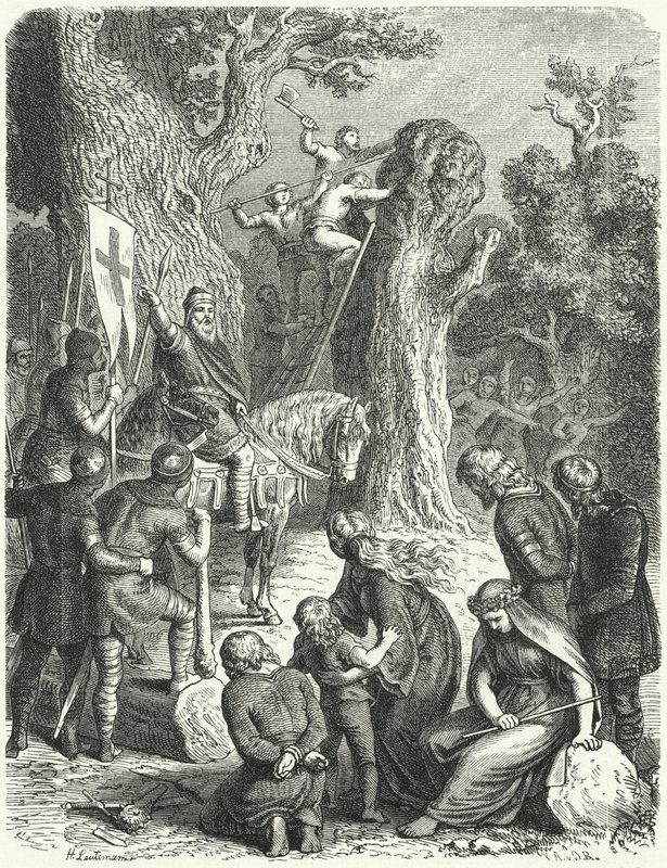 Karl der Große befiehlt das Fällen der Irmensäule, heiliger Baum der Sachsen, 772 (Stich) von Heinrich Leutemann