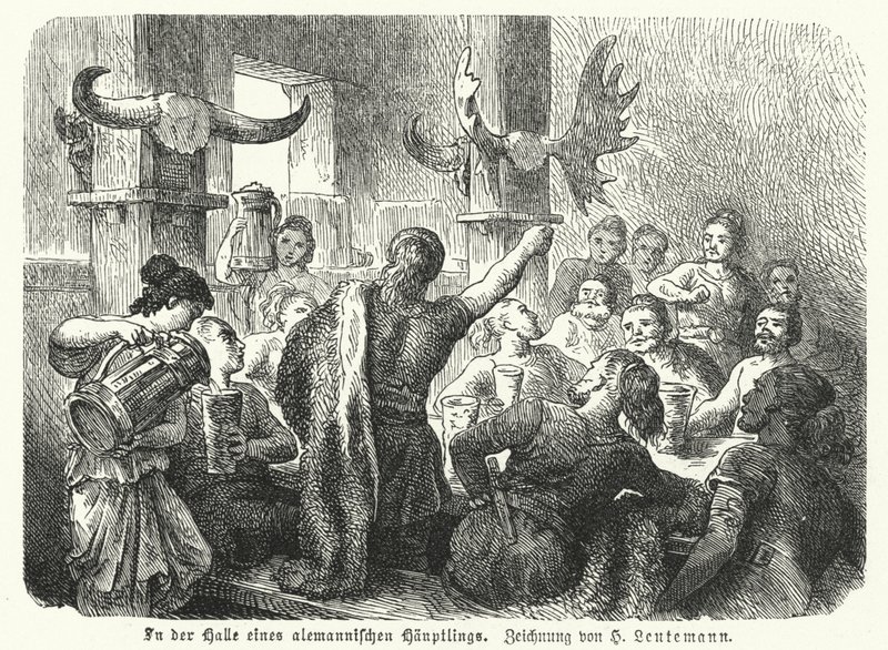 Festmahl in der Halle eines germanischen Häuptlings (Gravur) von Heinrich Leutemann