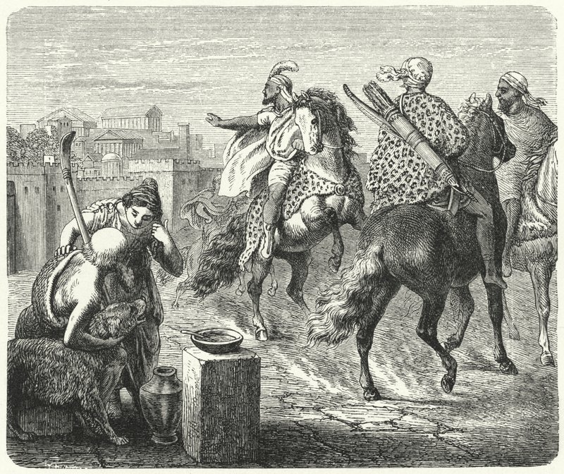 Jugurtha von Numidien verlässt die korrupte Stadt Rom (Gravur) von Heinrich Leutemann