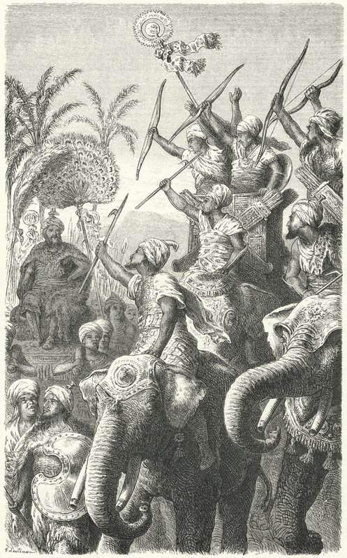 Porus, König der Pauravas, inspiziert seine Kriegselefanten (Gravur) von Heinrich Leutemann