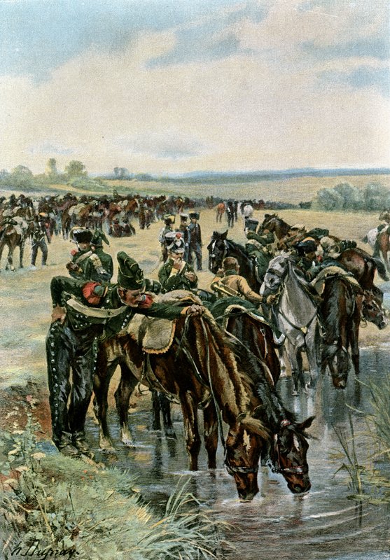 Oberst Castex füttert die Pferde vor einem Angriff von Henri Louis Dupray