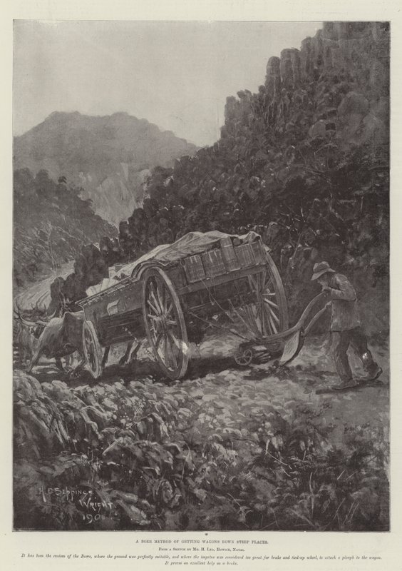 Eine Burenmethode, Wagen steile Abhänge hinunterzubringen von Henry Charles Seppings Wright