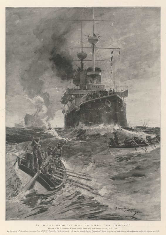 Ein Vorfall während der Marine-Manöver, Mann über Bord! von Henry Charles Seppings Wright