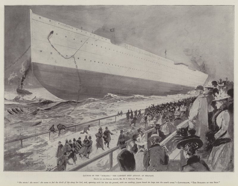 Stapellauf der Oceanic, des größten schwimmenden Schiffes, in Belfast von Henry Charles Seppings Wright