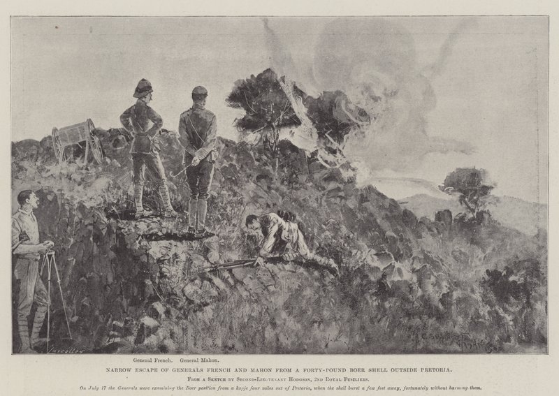 Knappes Entkommen der Generäle French und Mahon vor einer Vierzig-Pfund-Buren-Granate außerhalb von Pretoria von Henry Charles Seppings Wright