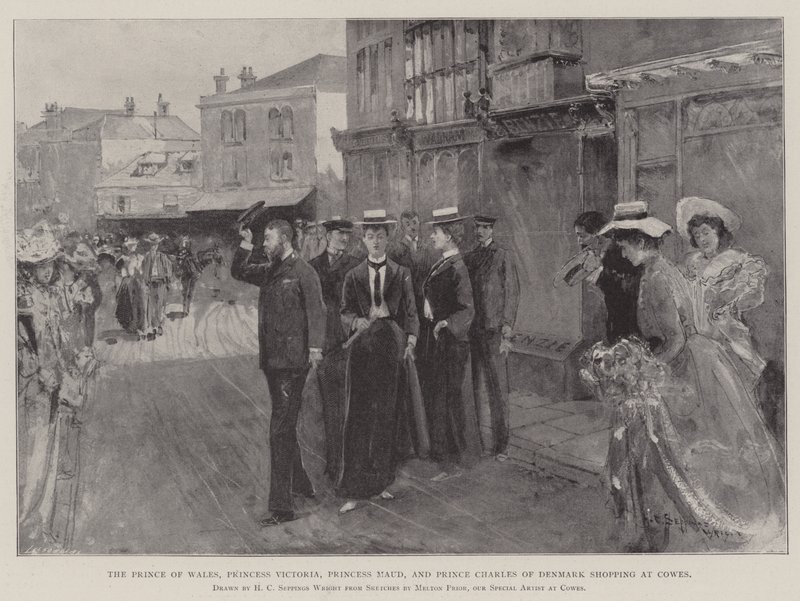 Der Prinz von Wales, Prinzessin Victoria, Prinzessin Maud und Prinz Charles von Dänemark beim Einkaufen in Cowes von Henry Charles Seppings Wright