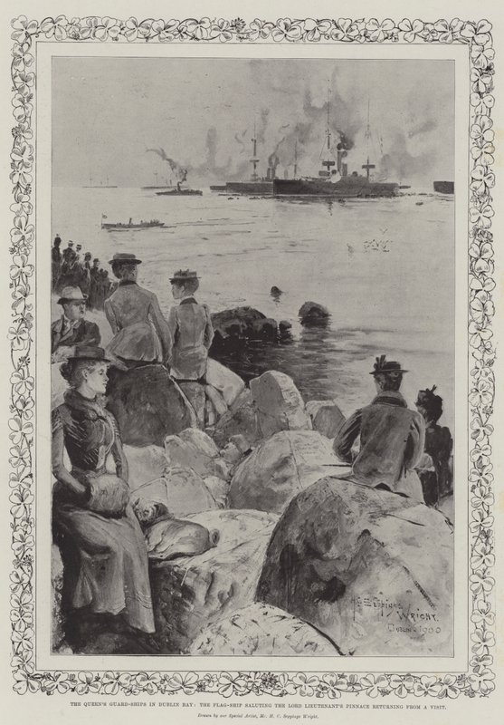 Die Wachschiffe der Königin in der Dublin Bay, das Flaggschiff salutiert die Rückkehr der Pinasse des Lord Lieutenant von einem Besuch von Henry Charles Seppings Wright