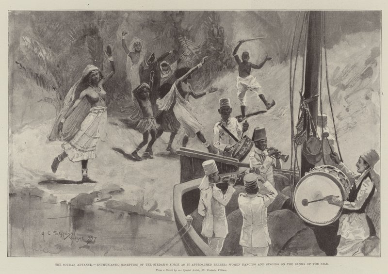 Der Sudan-Vormarsch, begeisterter Empfang der Truppen des Sirdars beim Annähern an Berber, Frauen tanzen und singen am Ufer des Nils von Henry Charles Seppings Wright