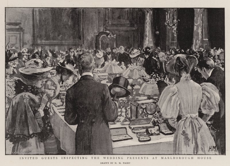Eingeladene Gäste inspizieren die Hochzeitsgeschenke im Marlborough House von Henry Marriott Paget