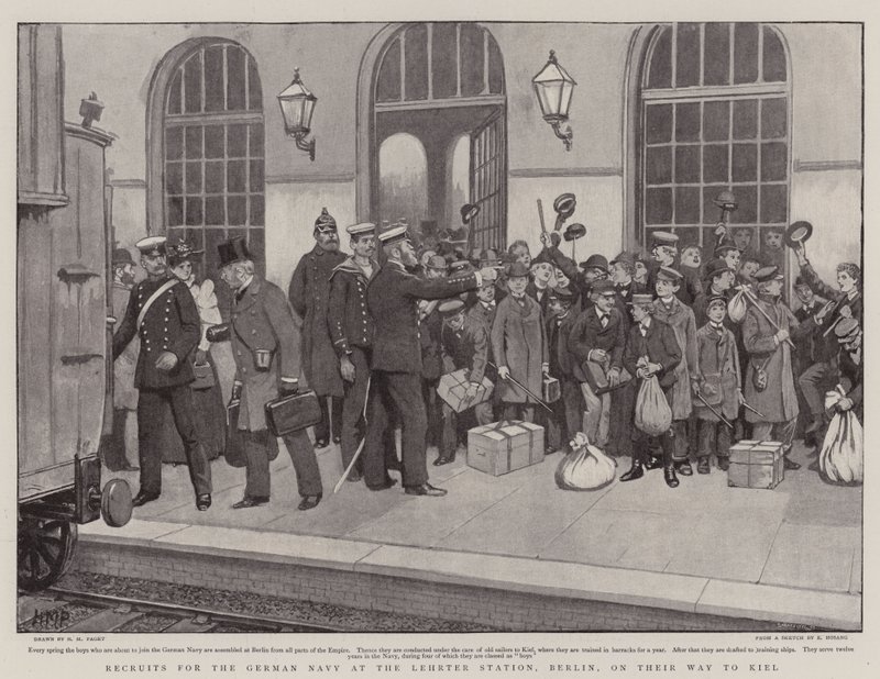 Rekruten für die deutsche Marine am Lehrter Bahnhof, Berlin, auf dem Weg nach Kiel von Henry Marriott Paget