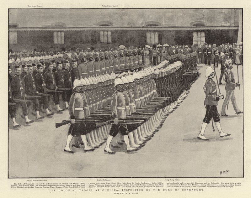Die Kolonialtruppen in Chelsea, Inspektion durch den Herzog von Connaught von Henry Marriott Paget