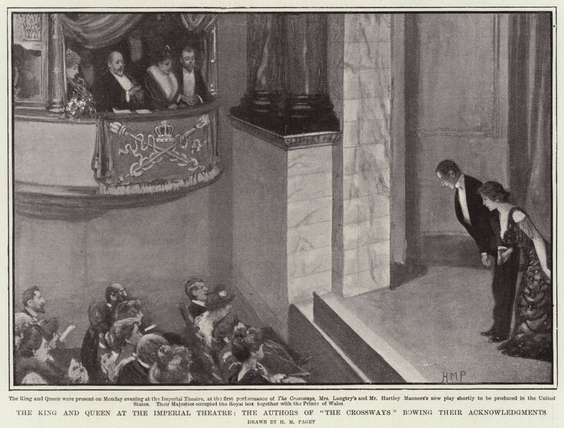 Der König und die Königin im Imperial Theatre, die Autoren von The Crossways verbeugen sich von Henry Marriott Paget