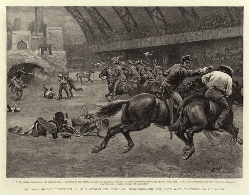 Das königliche Militärturnier, ein Kampf zwischen der Polizei und Buschmännern, die New South Wales Volunteers zur Rettung von Henry Marriott Paget