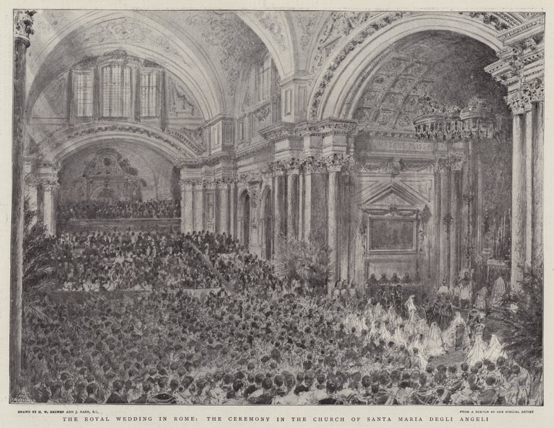 Die königliche Hochzeit in Rom, die Zeremonie in der Kirche Santa Maria Degli Angeli von Henry William Brewer