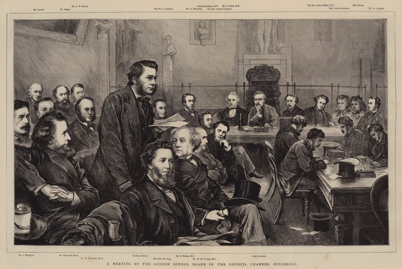 Eine Sitzung des London School Board im Ratssaal der Guildhall von Henry Woods