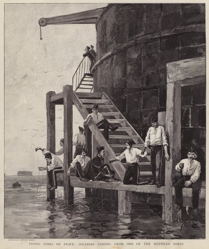 Britische Soldaten angeln von einem der Forts in Spithead, Hampshire von Henry Charles Seppings Wright