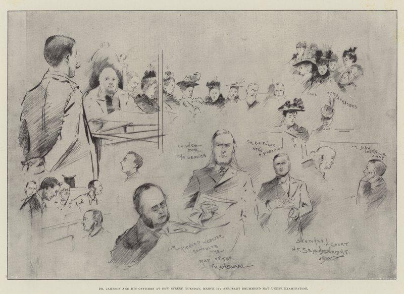Dr. Jameson und seine Offiziere in der Bow Street, Dienstag, 10. März, Sergeant Drummond Hay unter Verhör von Henry Charles Seppings Wright