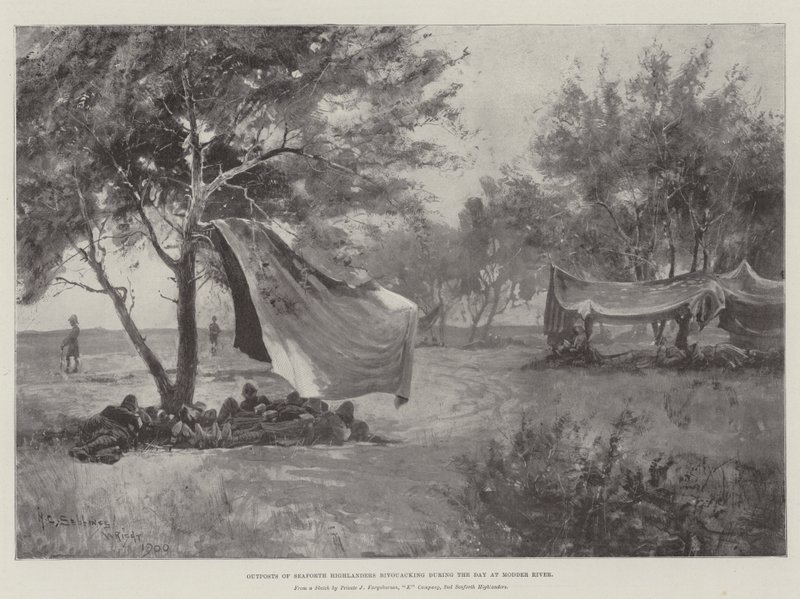 Vorposten der Seaforth Highlanders biwakieren tagsüber am Modder River von Henry Charles Seppings Wright