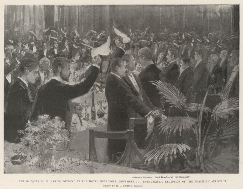 Das Bankett für M Santos Dumont im Hotel Metropole, 25. November, Begeisterter Empfang des brasilianischen Aeronauten von Henry Charles Seppings Wright