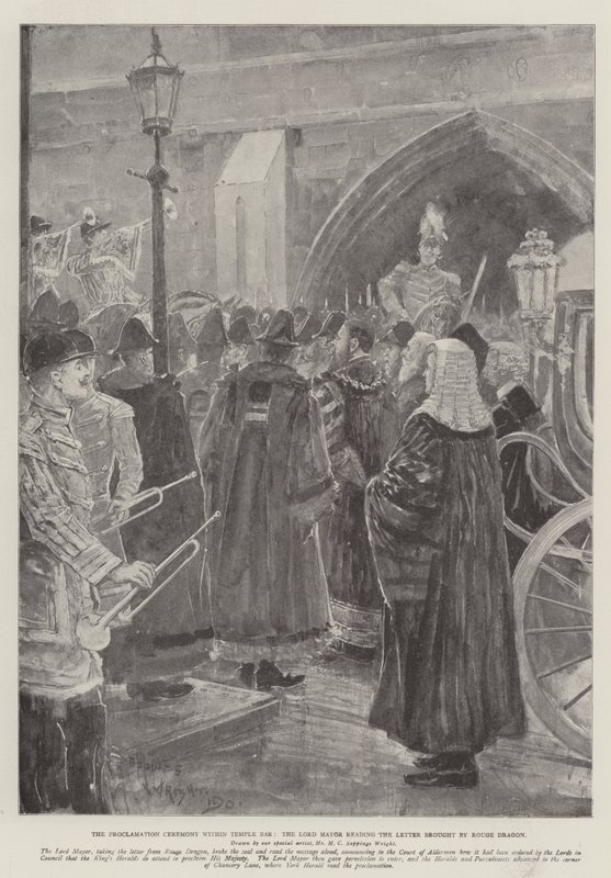 Die Proklamationszeremonie innerhalb von Temple Bar, der Lord Mayor liest den Brief von Rouge Dragon vor von Henry Charles Seppings Wright