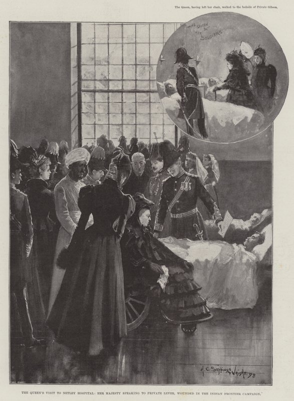 Der Besuch der Königin im Netley Hospital, Ihre Majestät spricht mit Private Lever, verwundet in der indischen Grenzkampagne von Henry Charles Seppings Wright