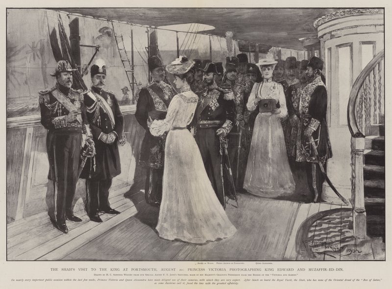 Der Besuch des Schahs beim König in Portsmouth, 20. August, Prinzessin Victoria fotografiert König Edward und Muzaffir-ed-Din von Henry Charles Seppings Wright