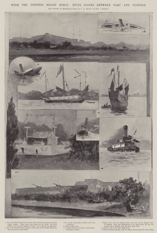 Mit der Tientsin-Entsatztruppe, Flussszenen zwischen Taku und Tientsin von Henry Charles Seppings Wright