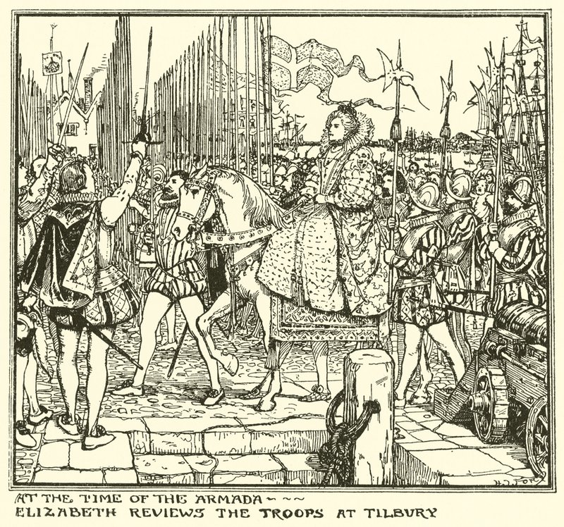 Zur Zeit der Armada. Elizabeth inspiziert die Truppen in Tilbury von Henry Justice Ford