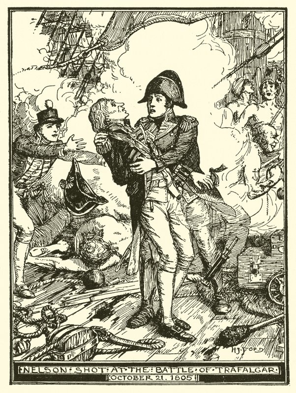 Nelson wird in der Schlacht von Trafalgar erschossen, 21. Oktober 1805 von Henry Justice Ford