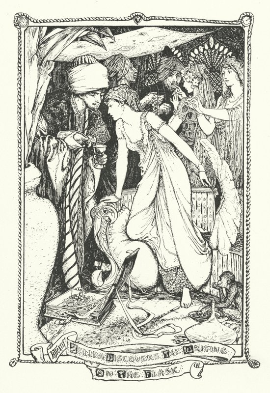 Zelida entdeckt die Schrift auf der Flasche (Gravur) von Henry Justice Ford