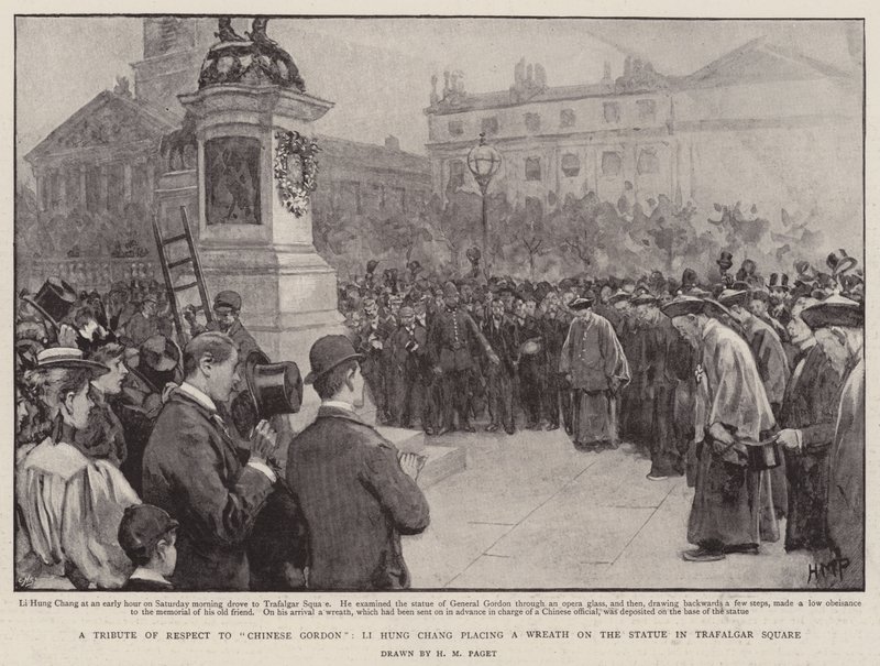 Eine Ehrung für Chinese Gordon, Li Hung Chang legt einen Kranz auf die Statue auf dem Trafalgar Square von Henry Marriott Paget
