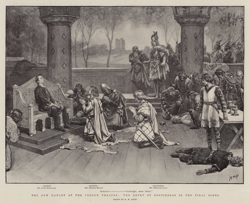 Der neue Hamlet im Lyceum Theatre, der Einzug von Fortinbras in der Schlussszene von Henry Marriott Paget