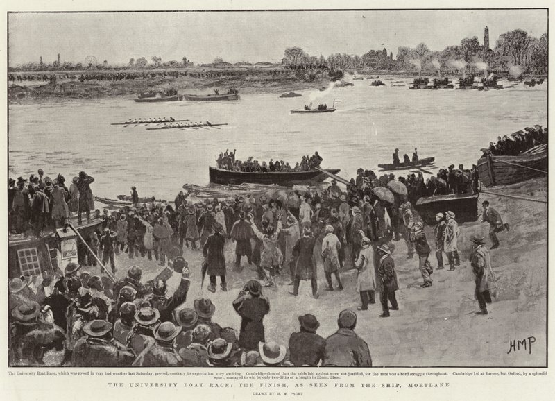 Das Universitäts-Bootrennen, das Ziel, gesehen vom Schiff, Mortlake von Henry Marriott Paget