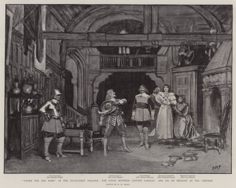 Unter dem roten Gewand im Haymarket Theatre, die Szene zwischen Captain Larolle und Gil de Berault im Schloss von Henry Marriott Paget