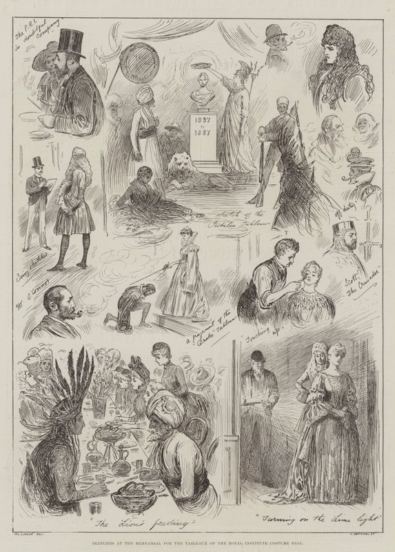 Skizzen bei der Probe für die Tableaux des Kostümballs des Royal Institute von Henry Stephen Ludlow