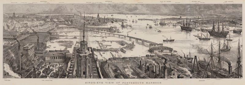 Vogelperspektive auf den Hafen von Portsmouth von Henry William Brewer