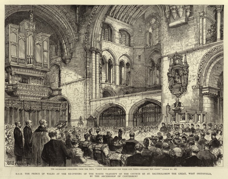 Seine Königliche Hoheit der Prinz von Wales bei der Wiedereröffnung des Nordquerschiffs der Kirche St. Bartholomew the Great, West Smithfield, durch den Erzbischof von Canterbury von Henry William Brewer